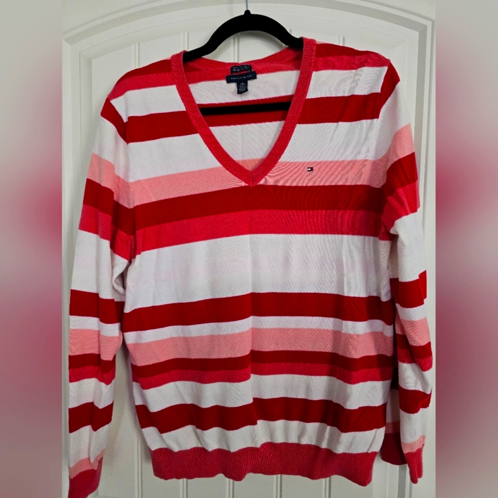 Tommy Hilfiger Holiday Sweater Candy Cane Stripe Red Long Sleeve VNeck Pullover
